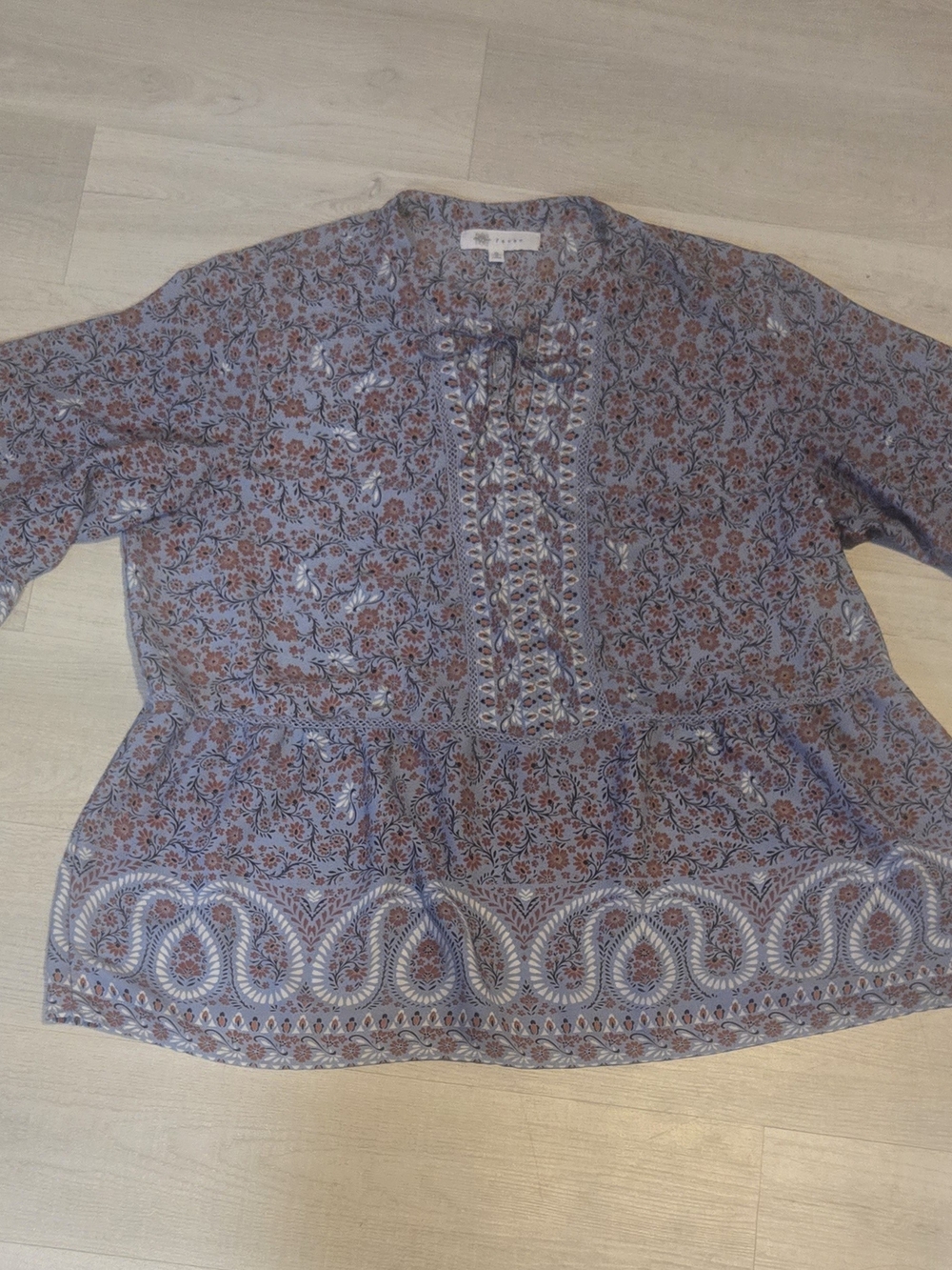 Fever Floral Peasant Blouse in Light Blue and Rust